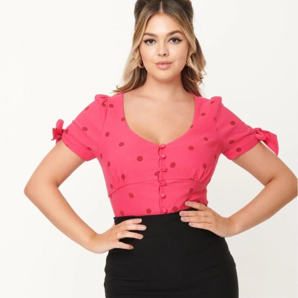 Unique Vintage | Hot Pink & Red Polka Dot Print Noreen Top | Size Medium (6-8)
